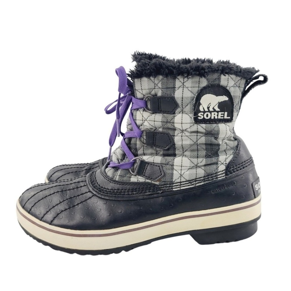 Sorel Winter Lace Up Round Toe Snow Boots Womens Size 10 Black Gray Plaid Purple